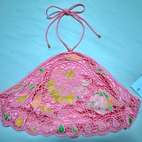 New Hemant and Nandita Pink Scalloped Eyelet Crop Top Halterneck Size Small NWT - Picture 3 of 4